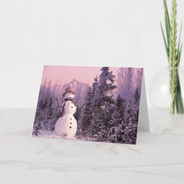 Sunset Snowman in the Winter Mountains Holiday Card (Front)