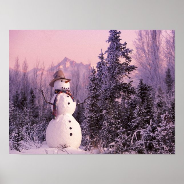 Sunset Snowman in the Winter Mountains Poster (Front)