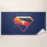 Sunset Soar Superman Shield Beach Towel<br><div class="desc">Add a cosmic twist to your superhero style with this radiant Superman design! Set against a deep navy backdrop, the classic “S” shield glows in a warm gradient of fiery orange, golden yellow, and sunset pink—capturing the beauty of Superman’s power and hope. A silhouette of Superman streaks across the emblem...</div>