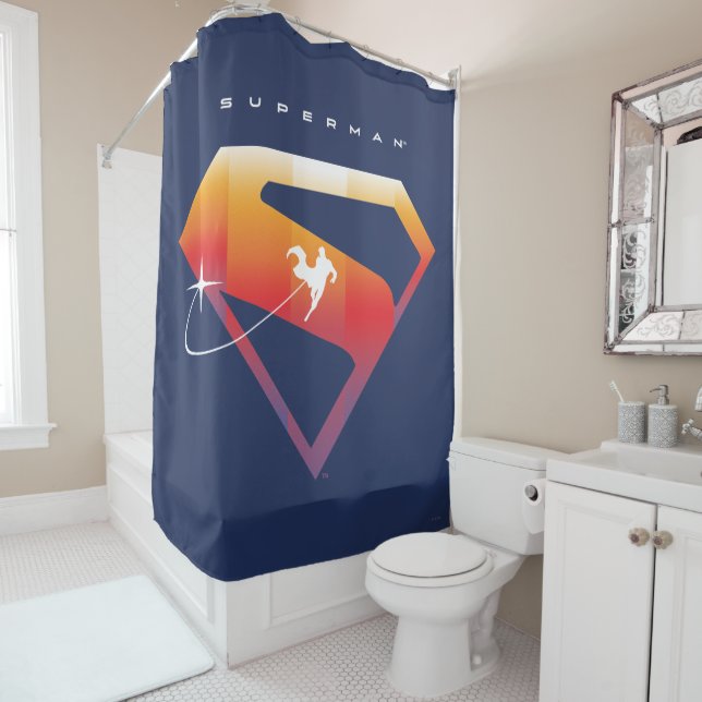 Sunset Soar Superman Shield Shower Curtain (In Situ)