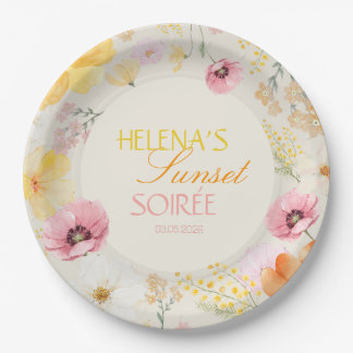 Sunset Soirée Pastel Floral Pink, Orange, Yellow Paper Plates