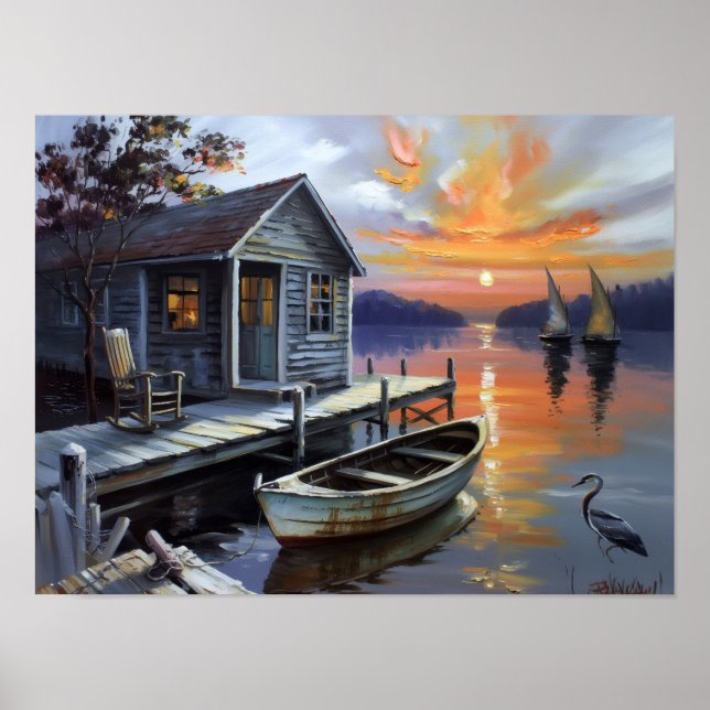 Sunset Solace: Cabin on the Lake Poster (Front)
