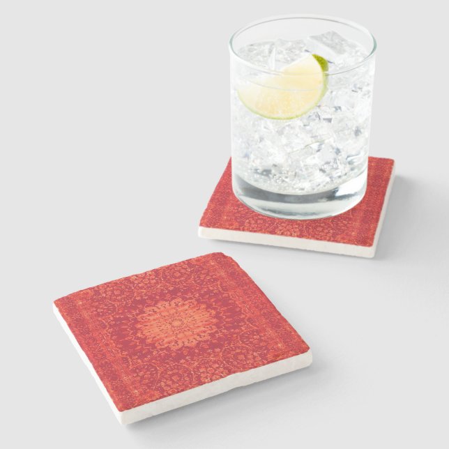 Sunset Souk: Orange Marrakesh Moroccan Pattern Stone Coaster (Side)