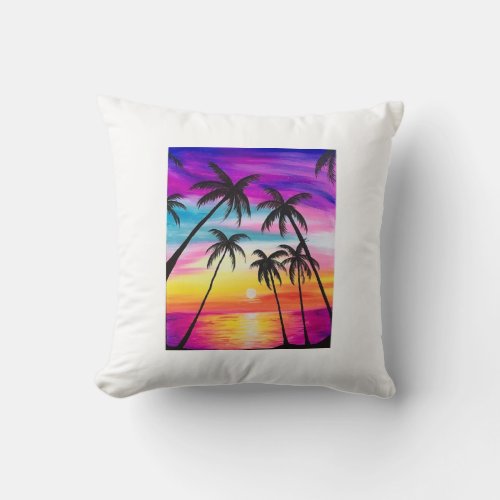 Sunset Splendor Coconut Palms in Vivid Rainbow H Throw Pillow