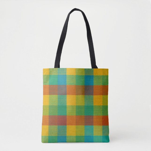 Sunset Squares – Colorful Checkered Pattern Tote B Bag (Front)