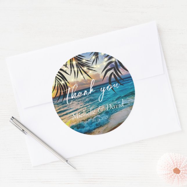 Sunset String Lights Beach  Classic Round Sticker (Envelope)