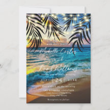 Sunset String Lights Beach Wedding Invitation