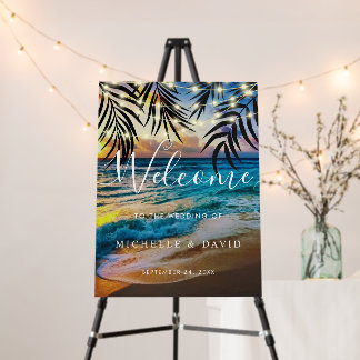 Sunset String Lights Beach Wedding Welcome Foam Board