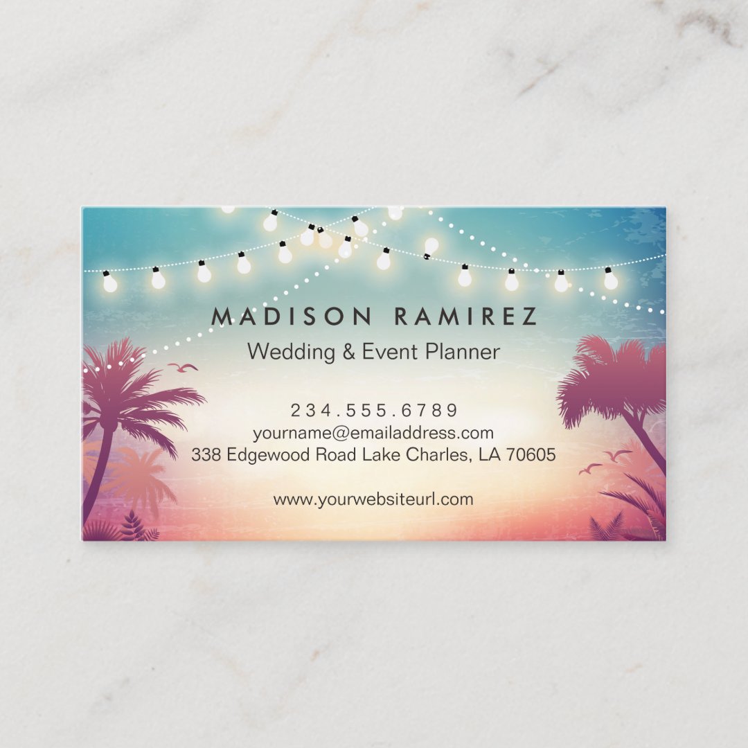 Sunset String Lights Palm Outdoor Event Planner Business Card | Zazzle