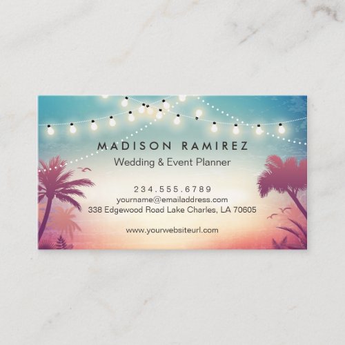 Sunset String Lights Palm Outdoor Event Planner Business Card
