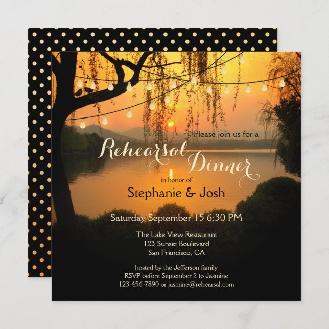 Sunset String Lights Rehearsal Dinner Invitation (Front/Back)