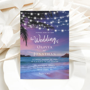 Sunset String Lights Tropical Beach Wedding Invitation