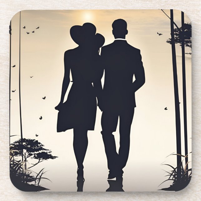 Sunset Stroll Black Silhouette Couple Beverage Coaster (Front)