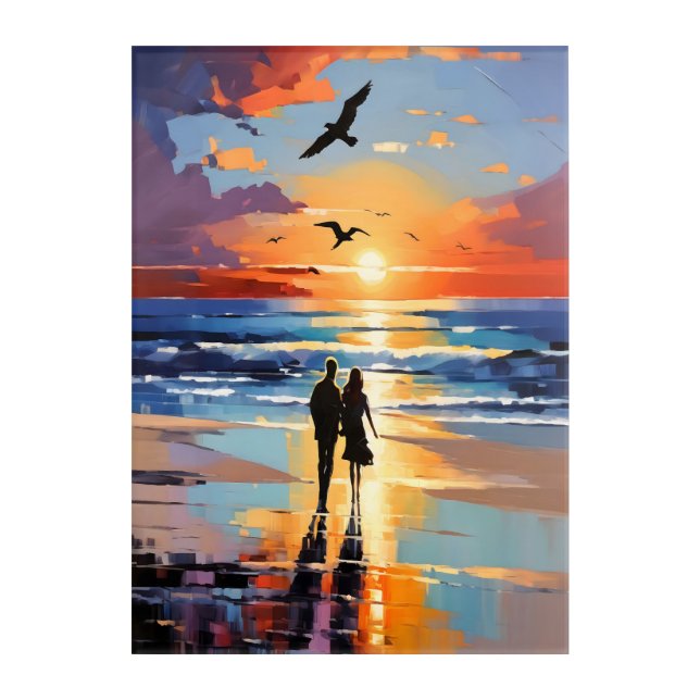 Sunset Stroll Expressionist Romantic Beach Scene Acrylic Print (Front)