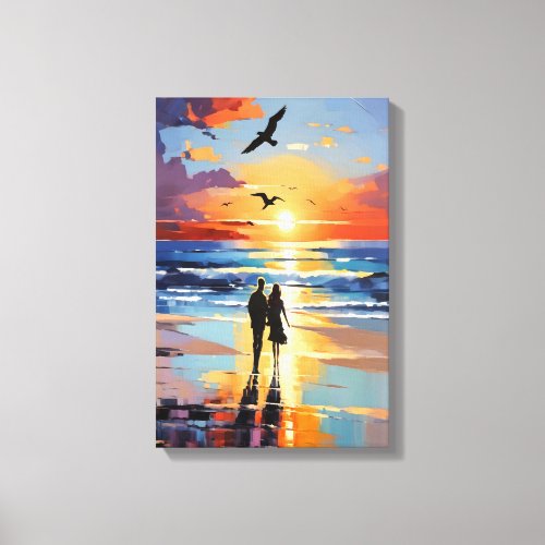 Sunset Stroll Expressionist Romantic Beach Scene Canvas Print