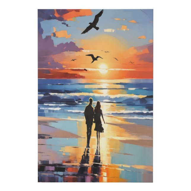Sunset Stroll Expressionist Romantic Beach Scene Faux Canvas Print (Front)