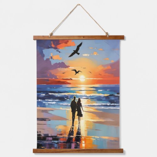 Sunset Stroll Expressionist Romantic Beach Scene Hanging Tapestry