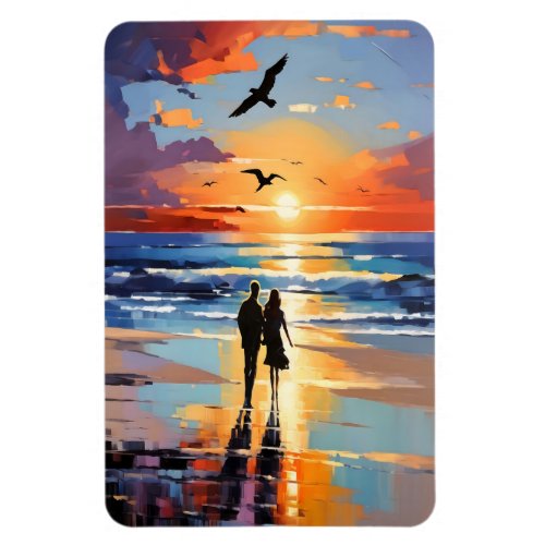 Sunset Stroll Expressionist Romantic Beach Scene Magnet