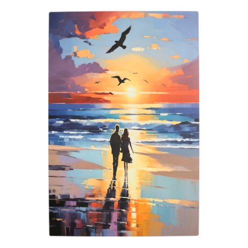 Sunset Stroll Expressionist Romantic Beach Scene Metal Print