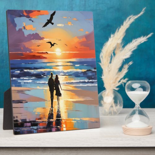 Sunset Stroll Expressionist Romantic Beach Scene Plaque