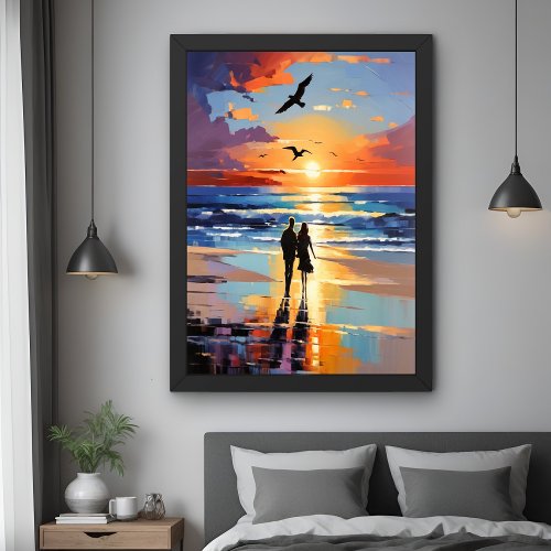 Sunset Stroll Expressionist Romantic Beach Scene Poster