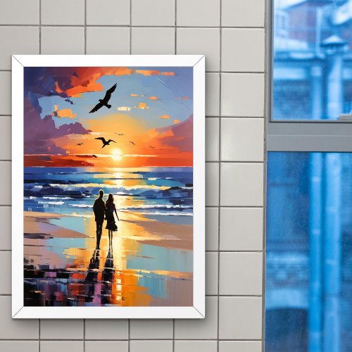 Sunset Stroll Expressionist Romantic Beach Scene Poster