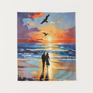 Sunset Stroll Expressionist Romantic Beach Scene Tapestry