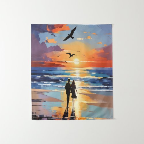 Sunset Stroll Expressionist Romantic Beach Scene Tapestry