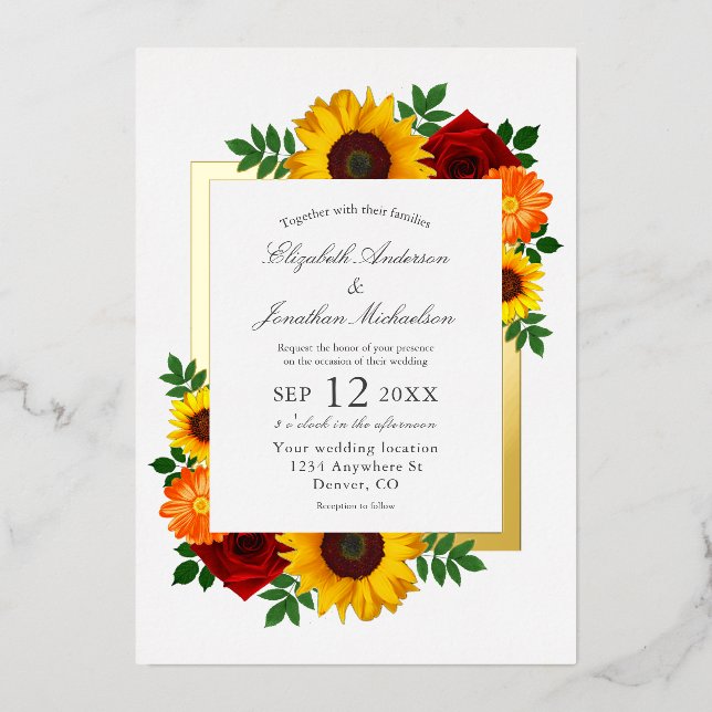 Sunset Sunflower Rose Floral Wedding Foil Invitation (Front)