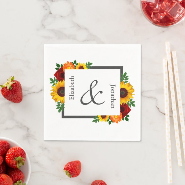 Sunset Sunflower Rose Floral Wedding Napkins (Insitu)