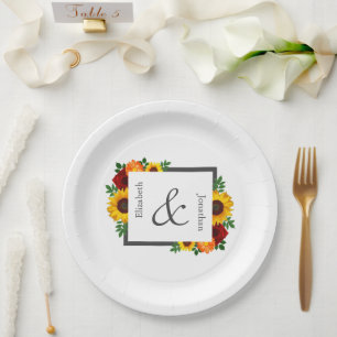 Sunset Sunflower Rose Floral Wedding Paper Plates