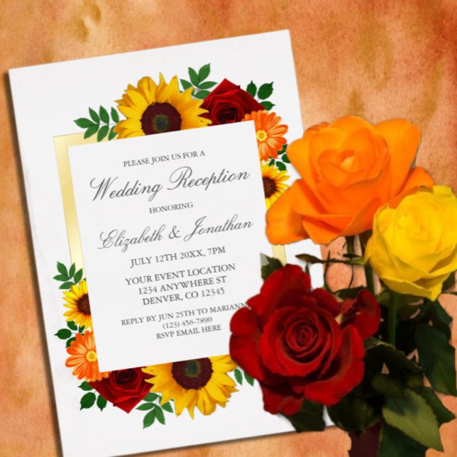 Sunset Sunflower Rose Floral Wedding Reception Foil Invitation (Creator Uploaded)