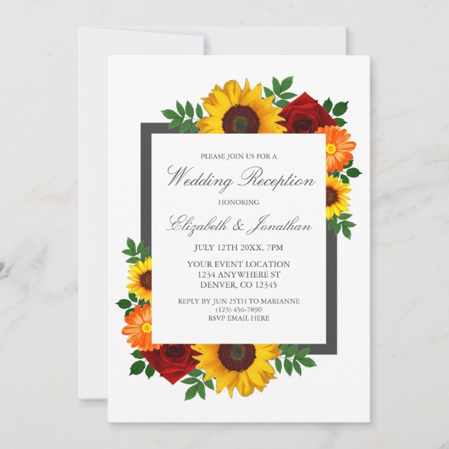 Sunset Sunflower Rose Floral Wedding Reception Invitation (Front)