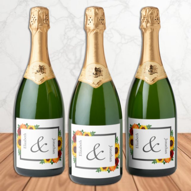 Sunset Sunflower Rose Floral Wedding Sparkling Wine Label (Creator Uploaded)