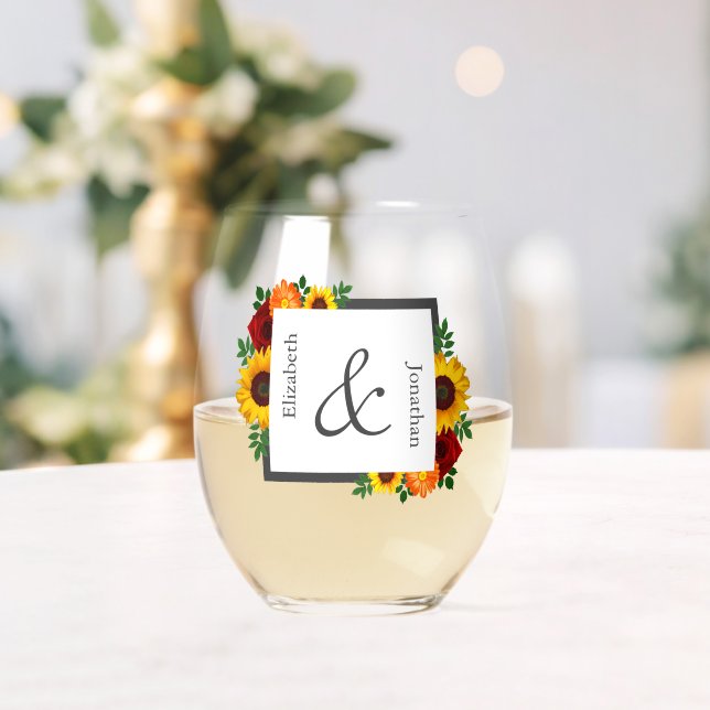Sunset Sunflower Rose Floral Wedding Stemless Wine Glass (Insitu (Wedding))