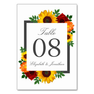Sunset Sunflower Rose Floral Wedding Table Number