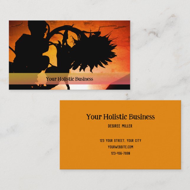 Sunset Sunflower Silhouette Orange Black Holistic Business Card (Front/Back)
