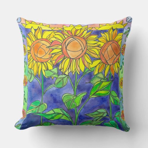 Sunset Sunflowers Garden Watercolor Flowers Throw Pillow