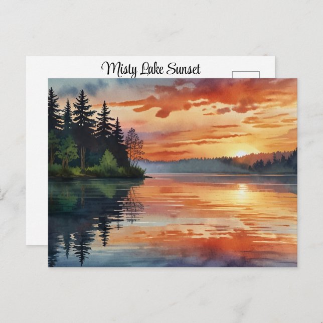 Sunset Sunrise Colorful Misty Lake Watercolor Art  Postcard (Front/Back)