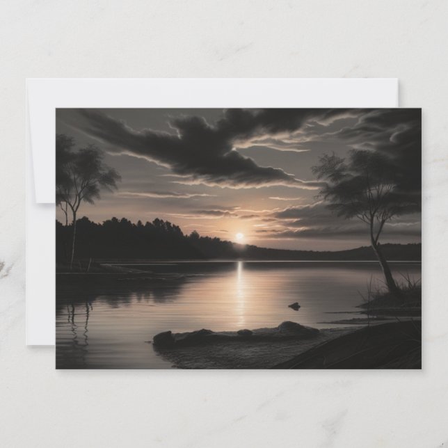 Sunset Sunrise Glassy Lake Charcoal Pencil Art  Holiday Card (Front)