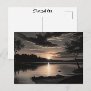 Sunset Sunrise Glassy Lake Charcoal Pencil Art Postcard