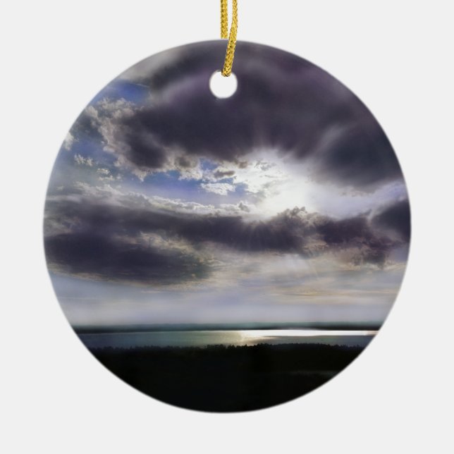 Sunset sunrise lakeshore skyline ocean painting ceramic ornament (Front)