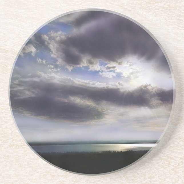 Sunset sunrise lakeshore skyline ocean painting coaster (Front)