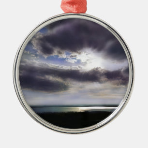Sunset sunrise lakeshore skyline ocean painting metal ornament