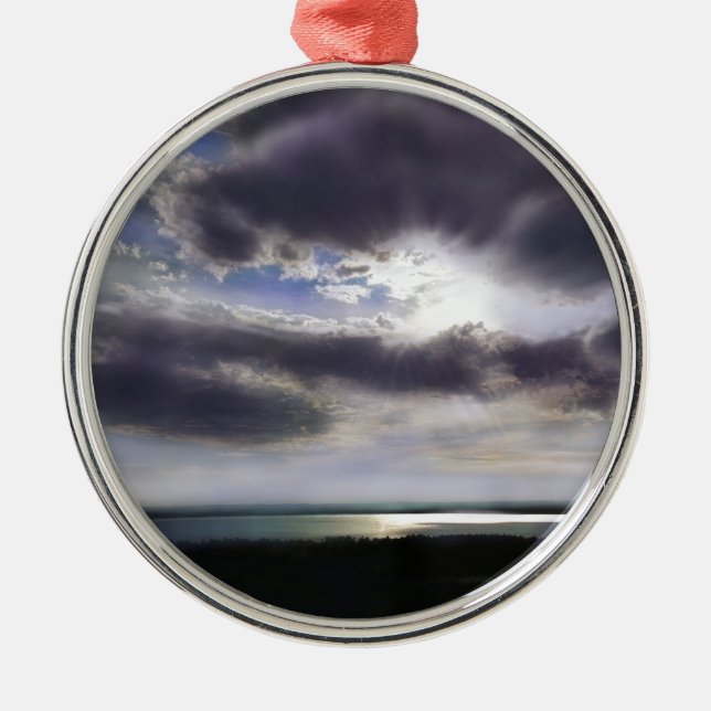 Sunset sunrise lakeshore skyline ocean painting metal ornament (Front)