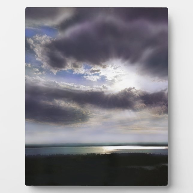 Sunset sunrise lakeshore skyline ocean painting plaque (Front)