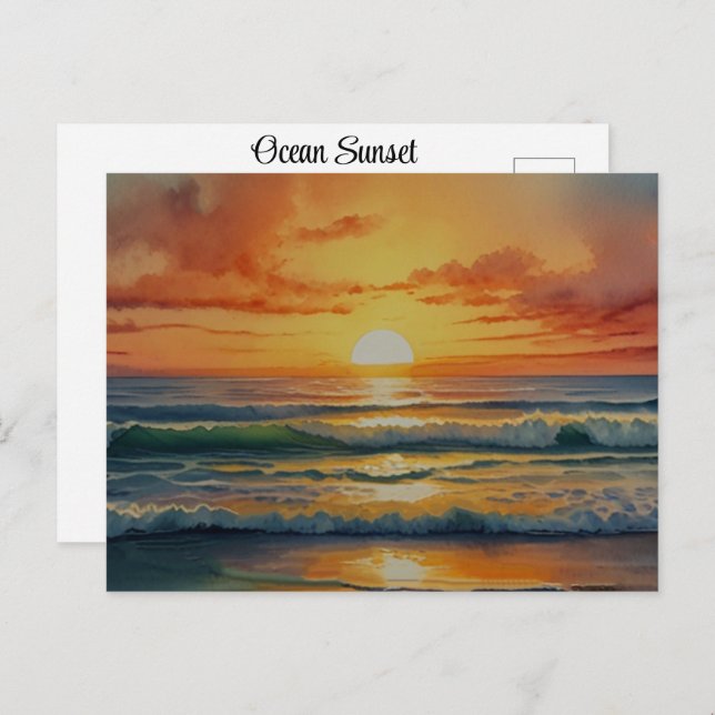 Sunset Sunrise Ocean Beach Colorful Watercolor Art Postcard (Front/Back)