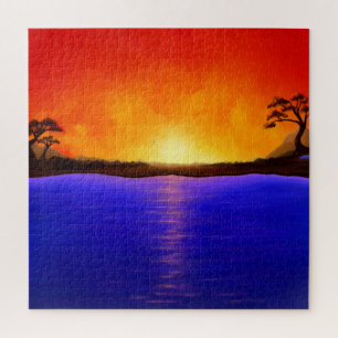 Sunset/Sunrise Painting, Lake landscape, Red Sky Jigsaw Puzzle