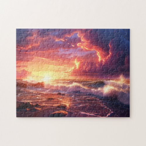 Sunset Sunrise Sundown Ocean Waves Nature Sea Jigs Jigsaw Puzzle