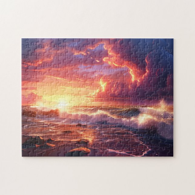 Sunset Sunrise Sundown Ocean Waves Nature Sea Jigs Jigsaw Puzzle (Horizontal)